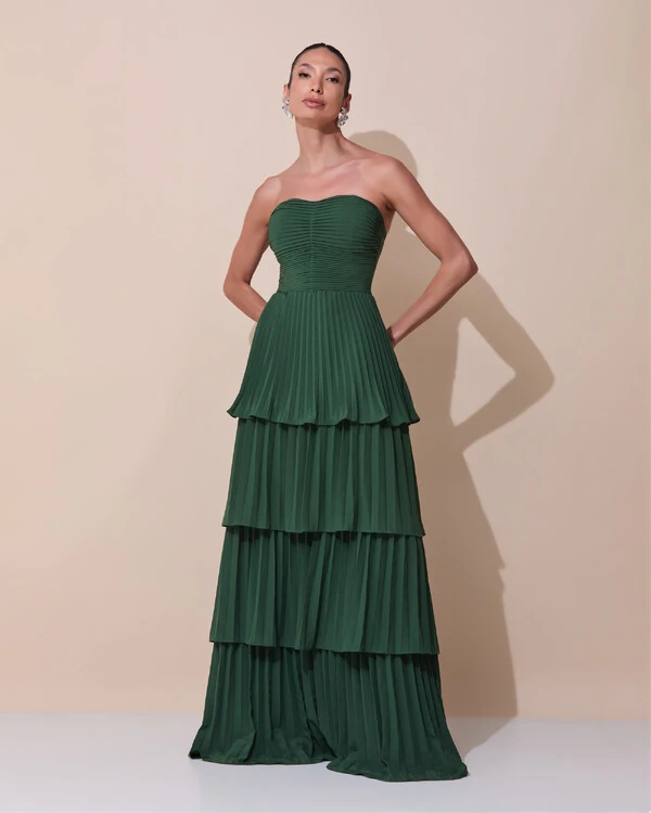 Vestido de Festa Longo Tomara que Caia Crepe Chiffon Plissado Camadas Verde Escuro New