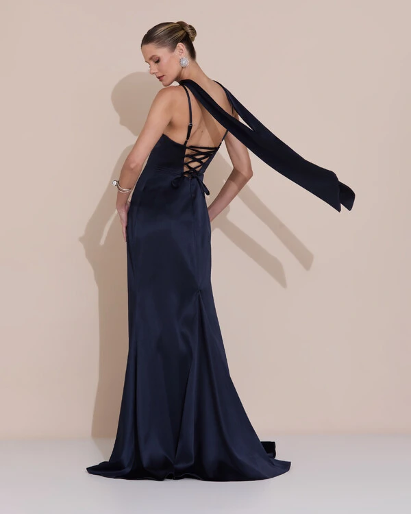 Vestido de Festa Longo Decote Coração Cetim Alfaiataria Trançado Costas Lenço Azul Marinho Escuro