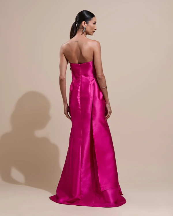 Vestido de Festa Longo Tomara que Caia Zibeline Drapeado e Faixa Pink
