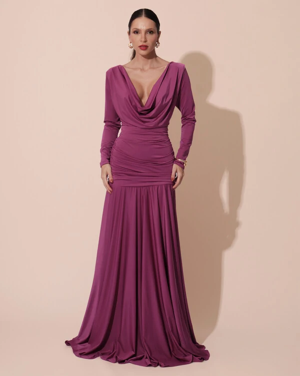 Vestido de Festa Longo Malha Degagê Drapeado Manga Longa Fúcsia