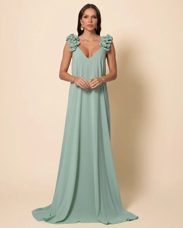 Vestido de Festa Longo Crepe Chiffon Fluido Decote em V Flores Verde Menta