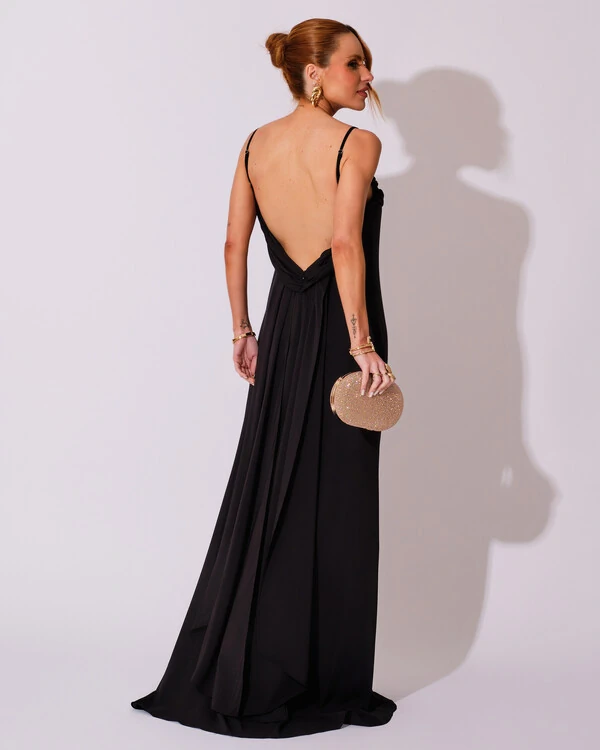 Vestido de Festa Longo Crepe Chiffon Costas Lenço Cauda Preto
