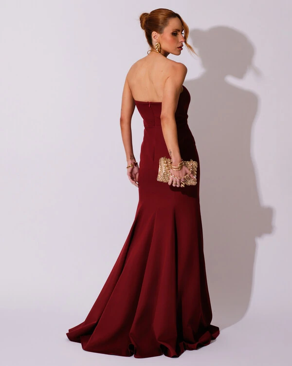 Vestido de Festa Longo Alfaiataria Tomara que Caia Saia Sereia Marsala