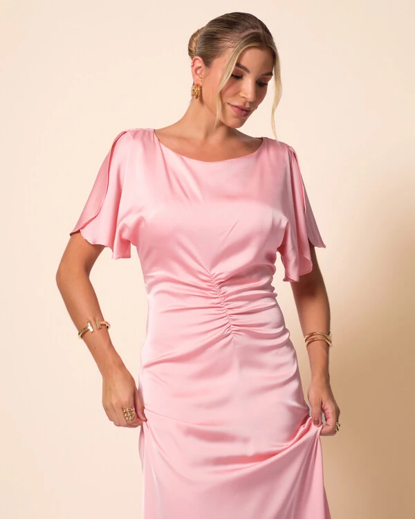 Vestido de Festa Longo Cetim Fluido Manga Curta Drapeado Rose