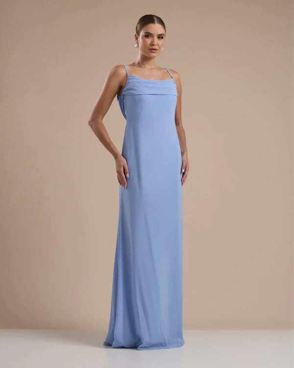 Vestido de Festa Longo Crepe Chiffon Costas Lenço Cauda Serenity