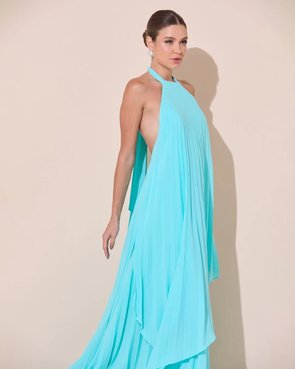 Vestidos de Festa Longo Chiffon Fluido Frente Única Plissado Duplo Tiffany