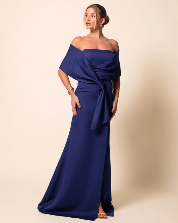 Vestido de Festa Longo Alfaiataria Ombro a Ombro Laço e Fenda Azul Marinho