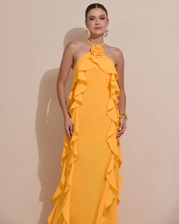 Vestido de Festa Longo Crepe Chiffon Frente Única Babados Cascata e Flor Laranja Manga New