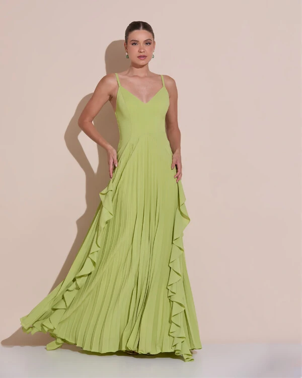 Vestido de Festa Longo Crepe Chiffon Alça Fina Saia Plissada com Babado Cascata Verde Claro