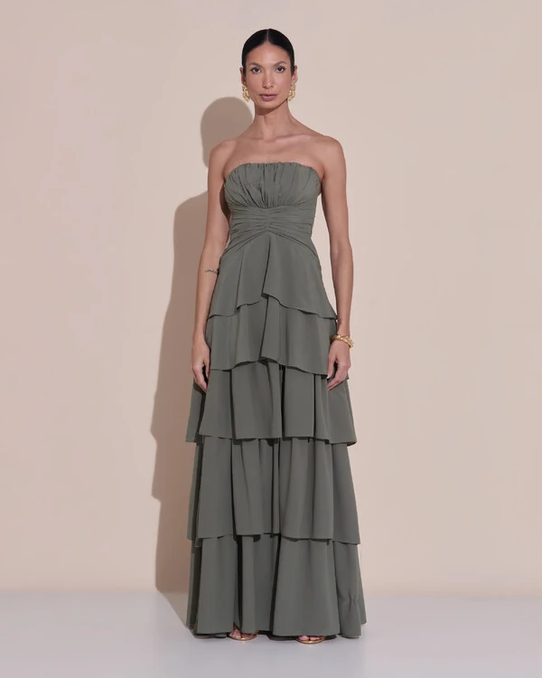 Vestido de Festa Longo Tomara que Caia Drapeado Crepe Chiffon Babados Camadas Verde Oliva