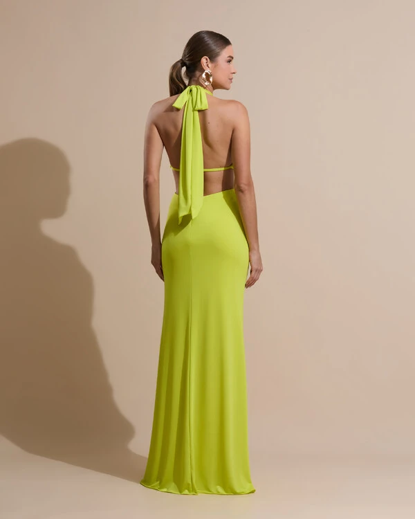 Vestido de Festa Longo Malha Jersey Gola Alta Saia Sereia Verde Lima