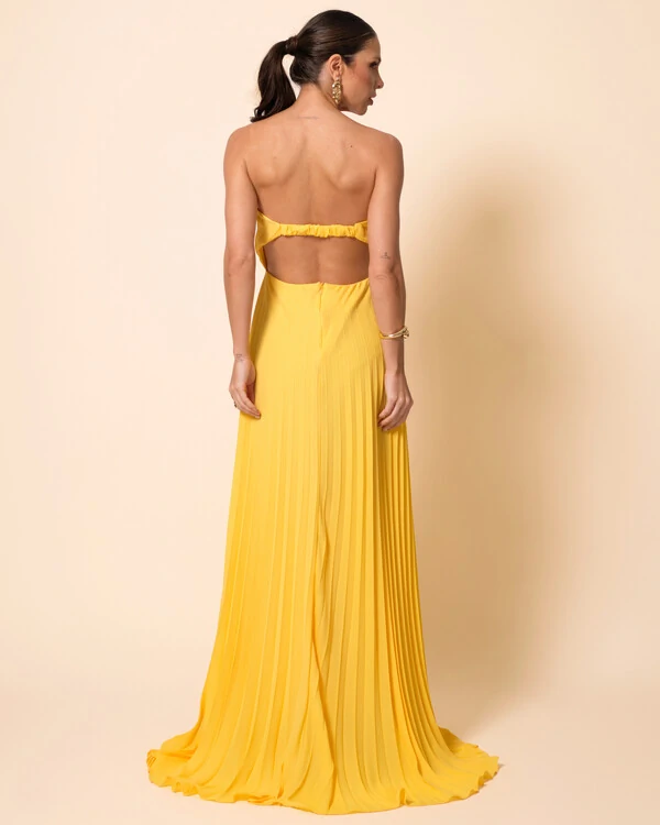 Vestido de Festa Longo Tomara que Caia Plissado Detalhe Amarelo