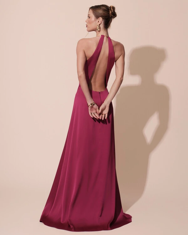 Vestido de Festa Longo Cetim Fluido com Argola Frente Única Beterraba