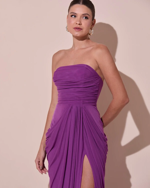 Vestido De Festa Longo Tomara que Caia Tule Drapeado Fenda Fúcsia New