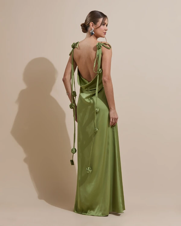 Vestido de Festa Longo Decote Degagê Costas Cetim Flores 3D Alças Verde Pistache
