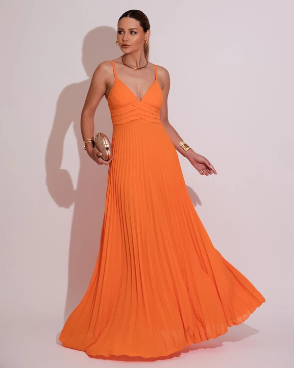 Vestido de Festa Longo Plissado Crepe Chiffon com Alça Laranja