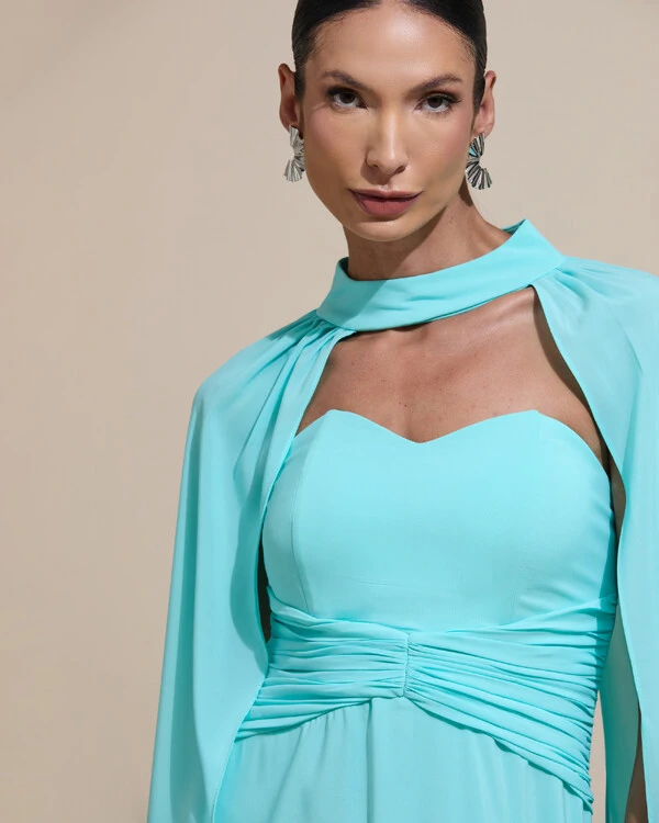 Vestido de Festa Longo Tomara Que Caia Crepe Chiffon Drapeado Capa Tiffany