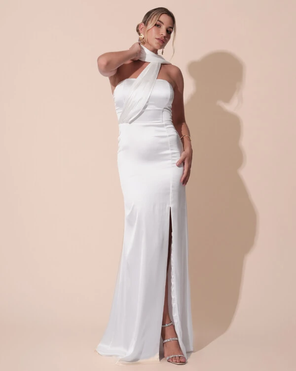 Vestido de Festa Longo Cetim Alfaiataria Tomara que Caia com Faixa Lenço Branco