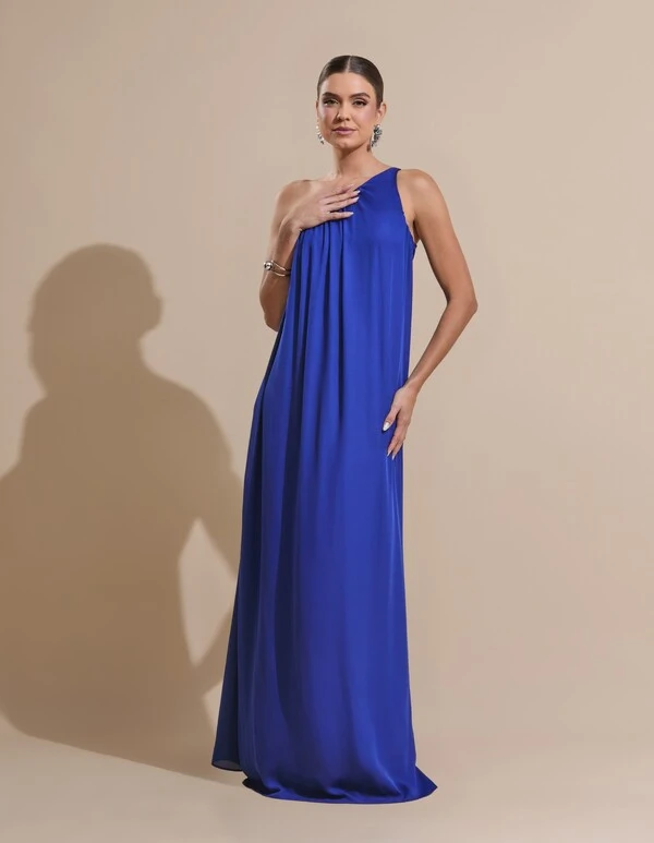 Vestido de Festa Longo Crepe Fluido um Ombro Só com Lenço Azul Royal