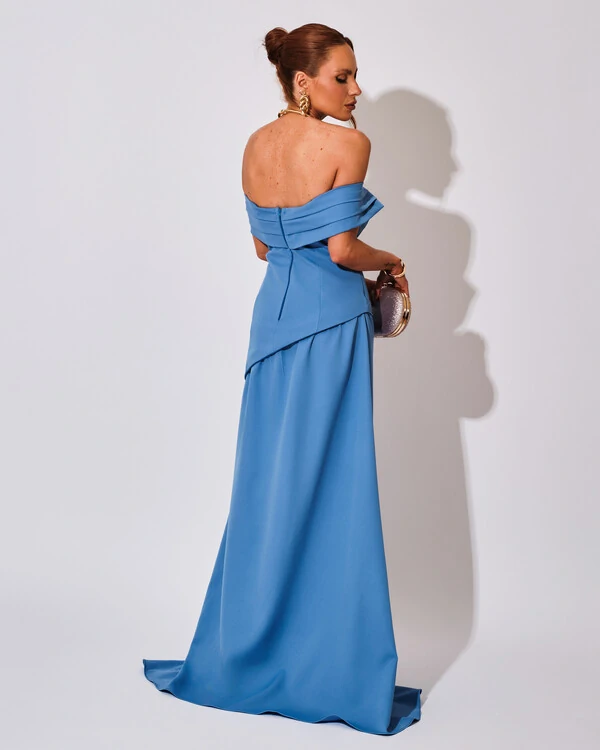 Vestido de Festa Longo Alfaiataria Ombro a Ombro Drapeado com Fenda Azul Atlantis