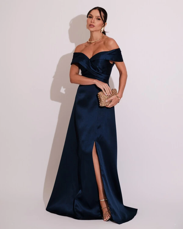 Vestido de Festa Longo Zibeline Ombro a Ombro com Fenda Azul Marinho