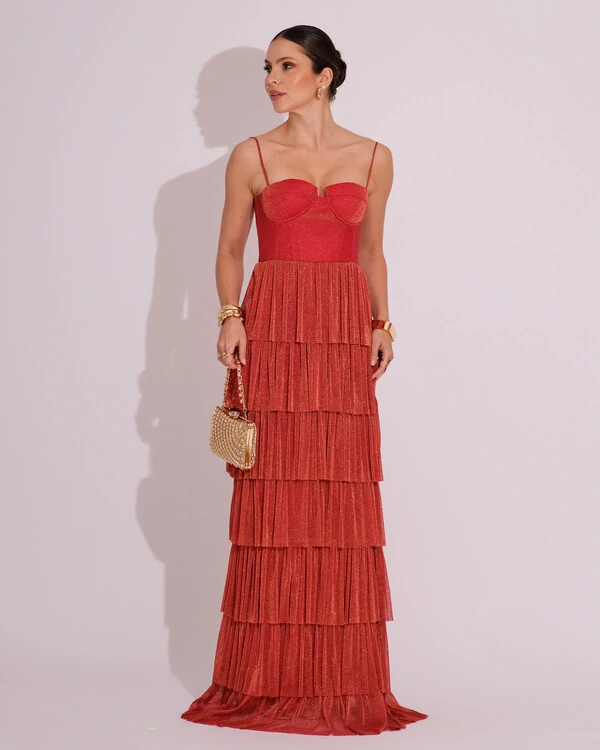 Vestido de Festa Longo Tule Glitter com Camadas Terracota