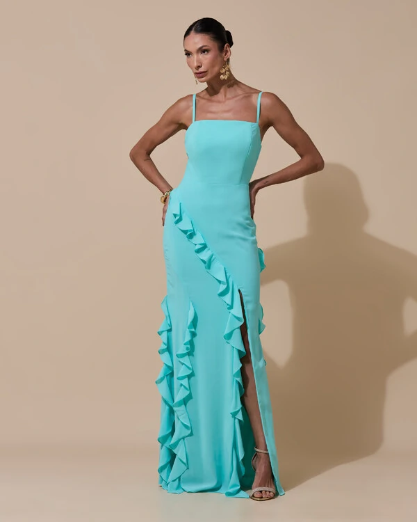 Vestido de Festa Longo Alças Finas Crepe Chiffon Babado Cascata Fenda Costas V Tiffany