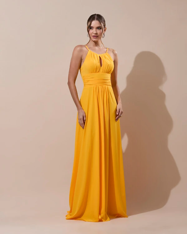Vestido de Festa Longo Crepe Chiffon Drapeado com Alças e Saia Fluida Laranja Manga New