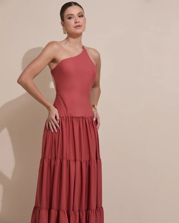 Vestido de Festa Longo Um ombro Só Crepe Chiffon Saia Fluida Terracota