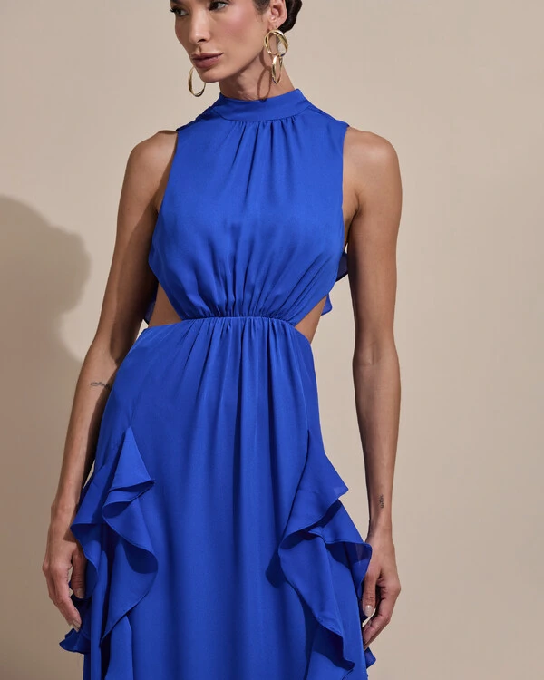 Vestido de Festa Longo Gola Alta Crepe Chiffon Recortes Babados Cascata Azul Royal