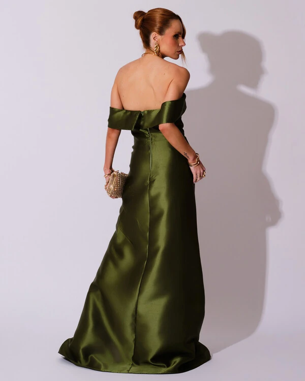 Vestido de Festa Longo Zibeline Ombro a Ombro Drapeado e Fenda Verde Oliva