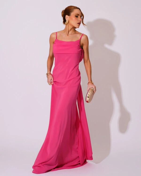 Vestido de Festa Longo Crepe Chiffon Costas Lenço Cauda Pink