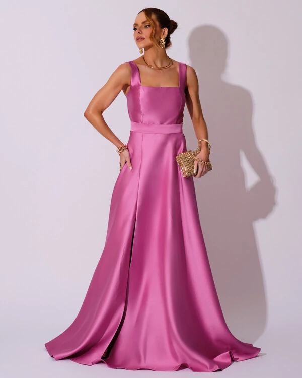 Vestido de Festa Longo Zibeline com Fenda e Faixa Rosa
