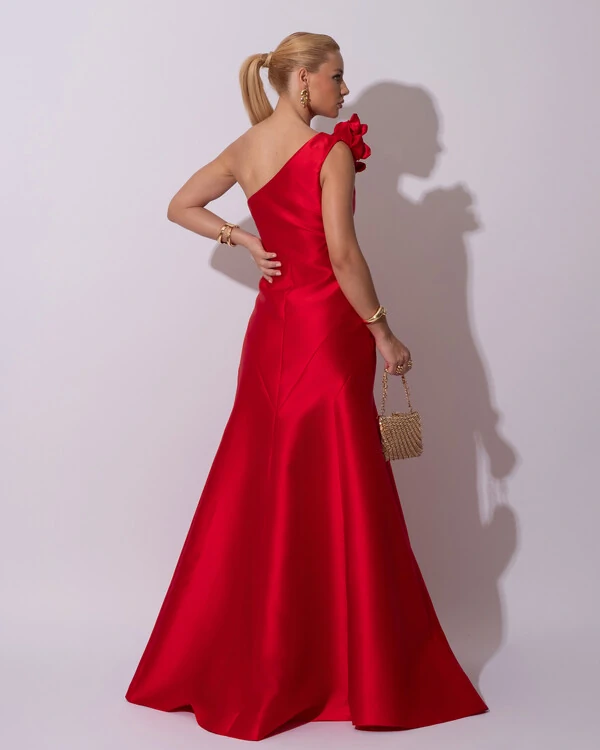 Vestido de Festa Longo Zibeline um Ombro Só Flor Removível Saia Sereia Vermelho