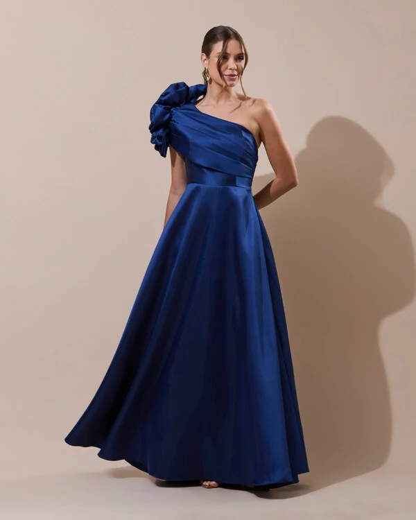 Vestido de Festa Longo Zibeline um Ombro Só Flor Drapeado Azul Marinho