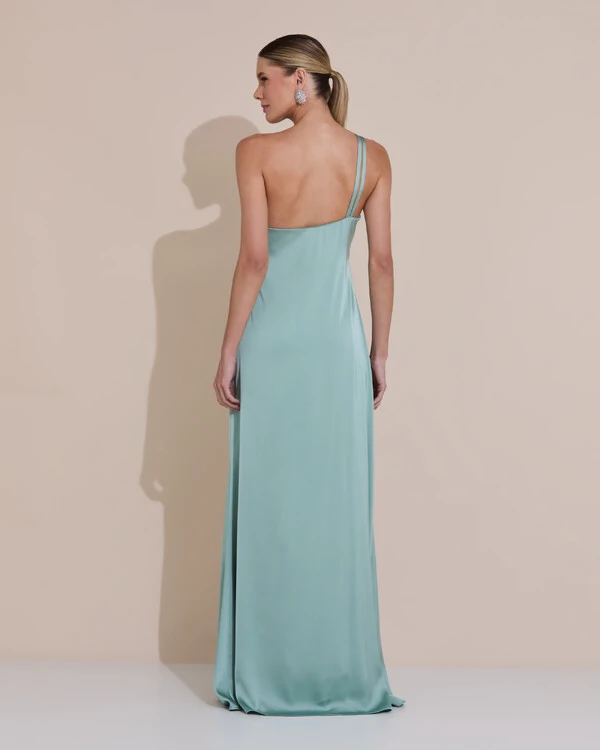 Vestido de Festa Longo em Cetim Fluido um Ombro Só com Lenço Verde Menta