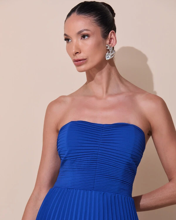 Vestido de Festa Longo Tomara que Caia Crepe Chiffon Plissado Camadas Azul Royal