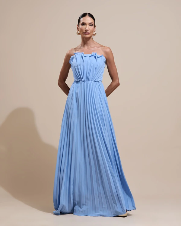 Vestido de Festa Longo Tomara que Caia Plissado Detalhe Serenity