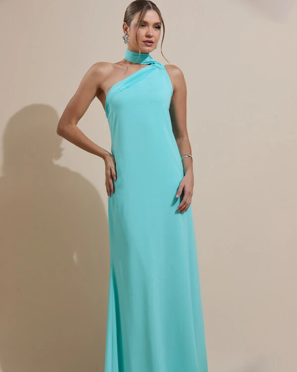 Vestido de Festa Longo Crepe Chiffon Um Ombro Só Drapeado Tiffany