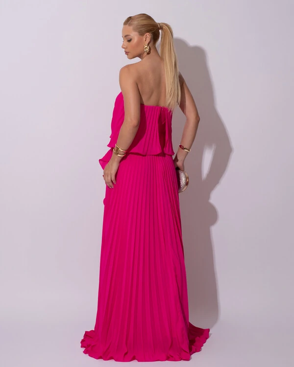 Vestido de Festa Longo Crepe Chiffon Tomara que Caia Plissado com Babado Cascata Pink