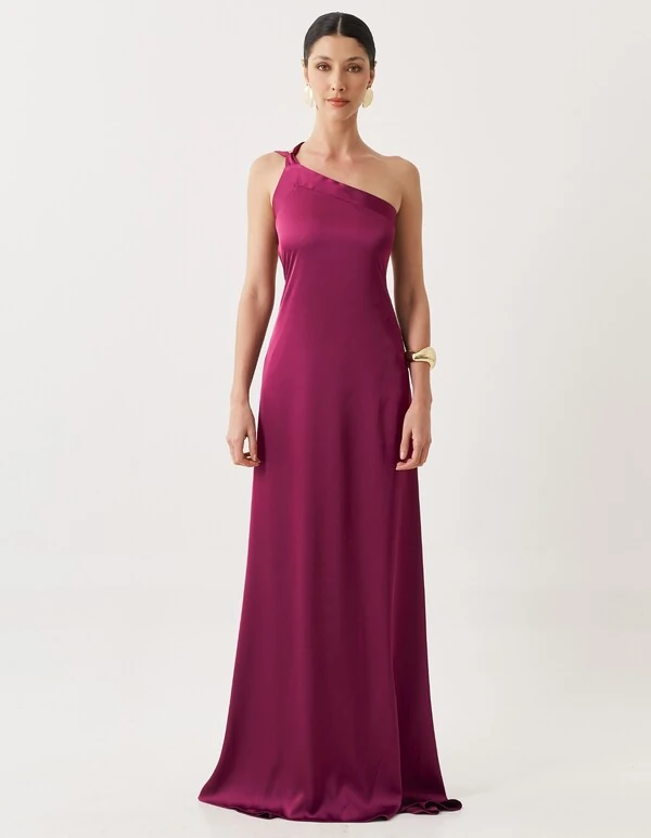 Vestido de Festa Longo Cetim Fluido Um Ombro Só Amarração Costas Beterraba