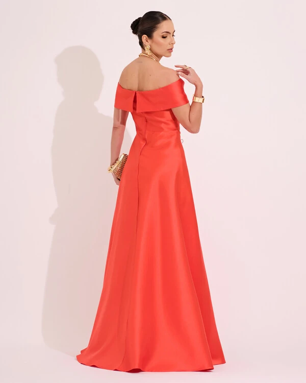 Vestido de Festa Longo Ombro a Ombro Laço Zibeline com Fenda Laranja