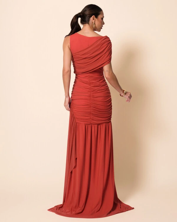 Vestido de Festa Longo Tule Faixa Detalhe Drapeado Terracota