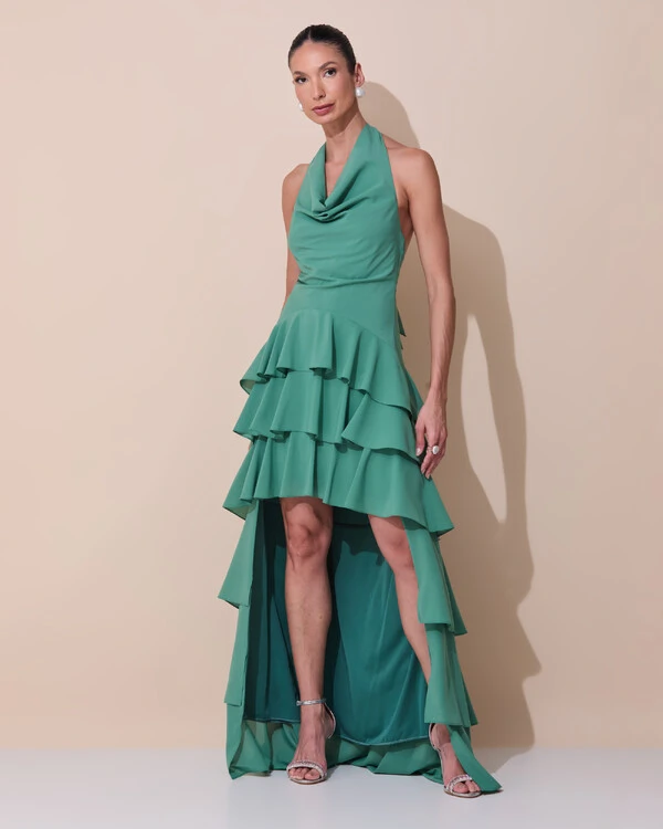 Vestido de Festa Longo Frente Única Degagê Crepe Chiffon Babados Mullet Verde Matcha Escuro