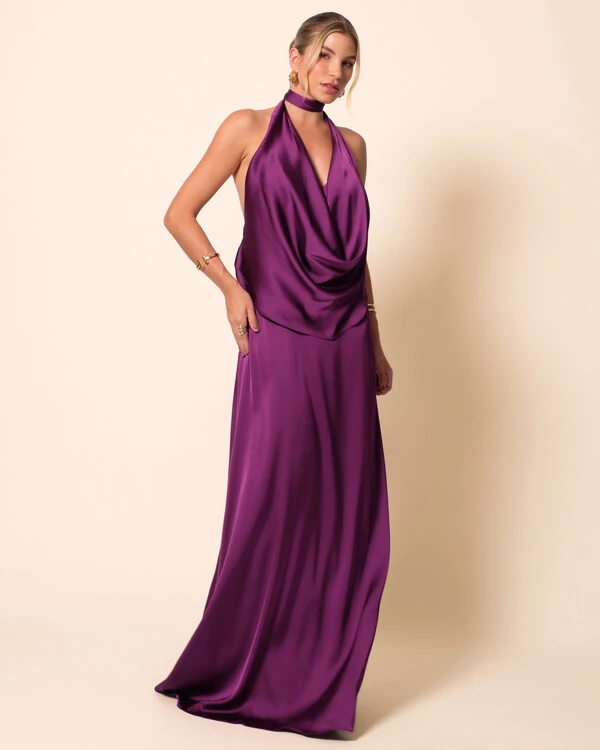 Vestido de Festa Longo Cetim Fluido Frente Única Degagê Mil Formas Roxo