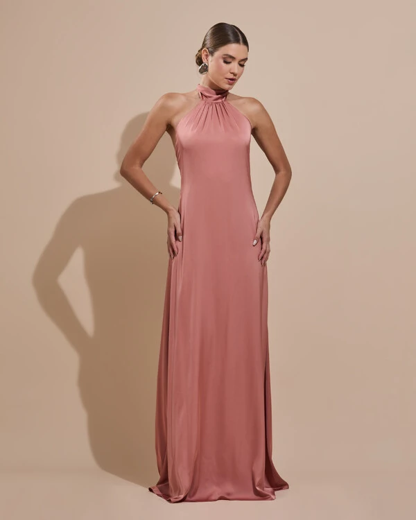 Vestido de Festa Gola Alta com Decote nas Costas Acetinado Rosa Blush