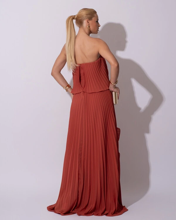 Vestido de Festa Longo Crepe Chiffon Tomara que Caia Plissado com Babado Cascata Terracota