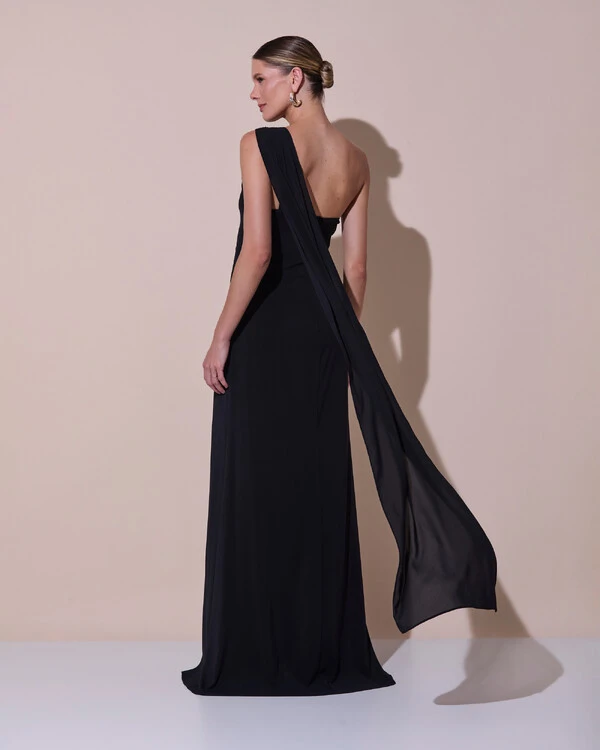 Vestido de Festa Longo Crepe Chiffon Um Ombro Só Drapeado Preto