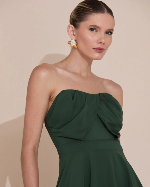 Vestido de Festa Longo Tomara que Caia Crepe Chiffon Drapeado Camadas Verde Escuro New