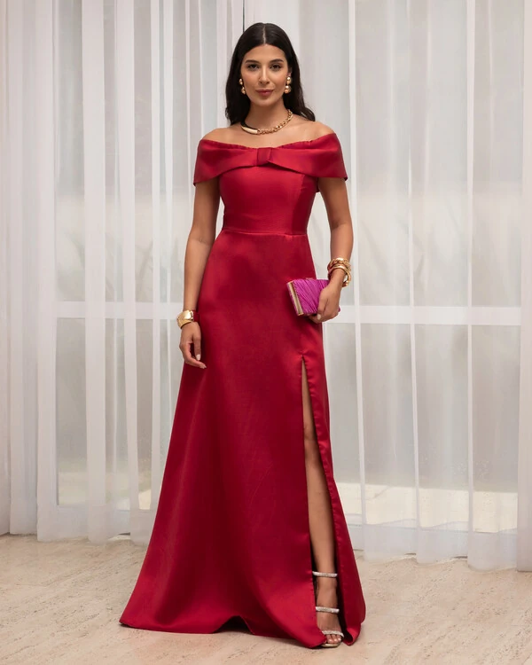 Vestido de Festa Longo Ombro a Ombro Laço Zibeline com Fenda Marsala